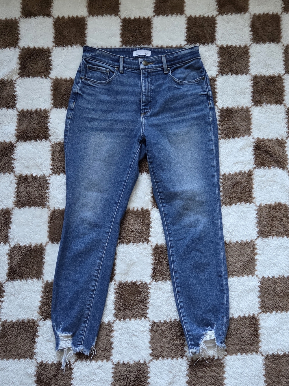 LOFT Medium Blue Ankle Crop Distressed Hem Jeans